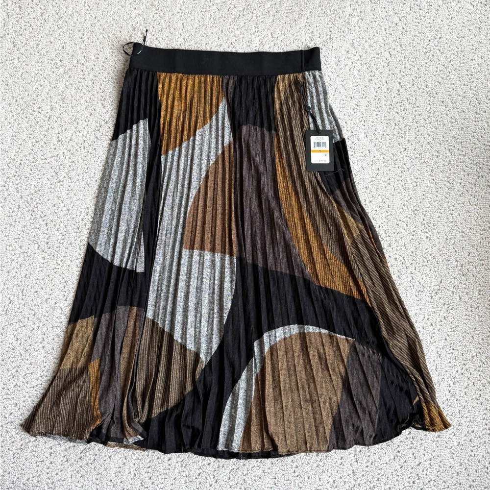 DKNY Pleated Abstract Print Midi Skirt in Black and Brown